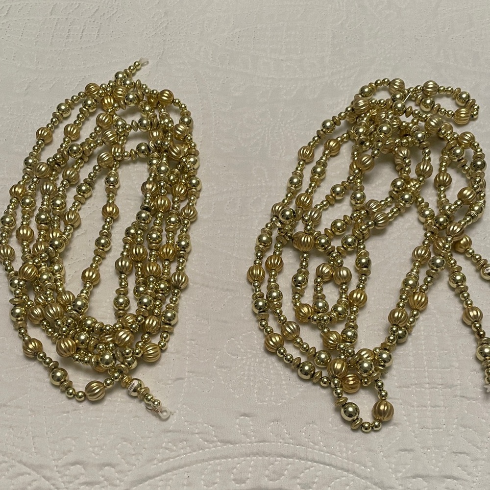 Set of 2 Strands Gold Tone Beaded Christmas Garland with Different Shapes & Size